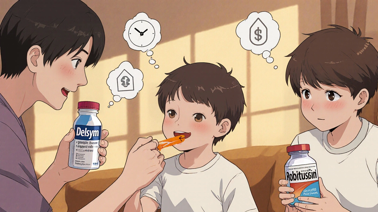 A family at home deciding between different cough syrups, with a parent giving syrup to a child.