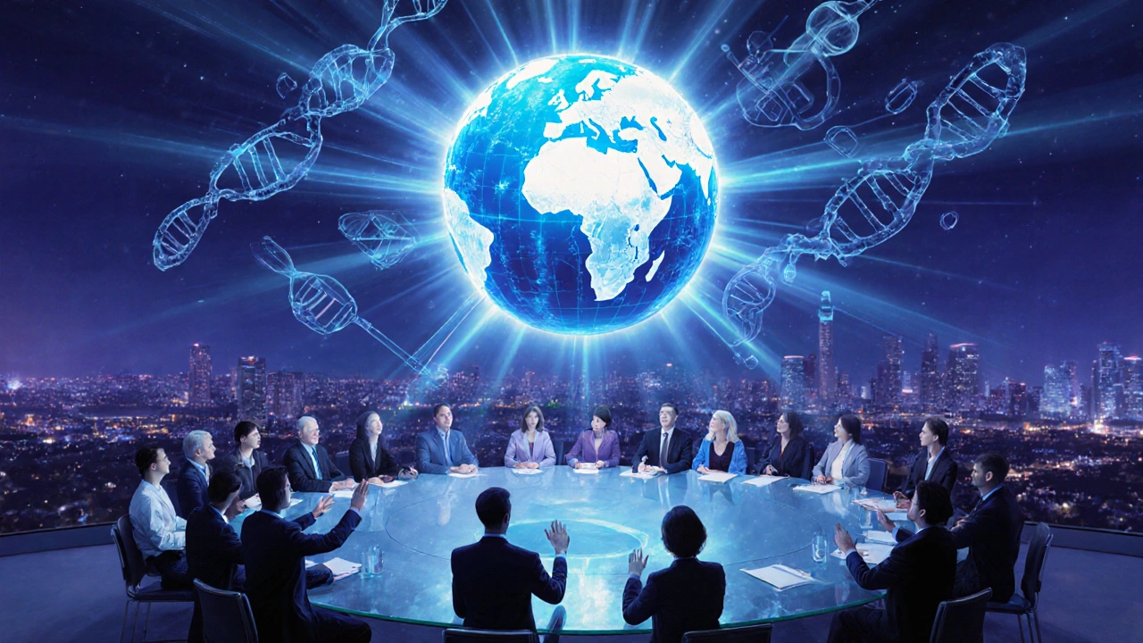 Advocacy summit with diverse leaders around a glowing globe and DNA strands representing research.