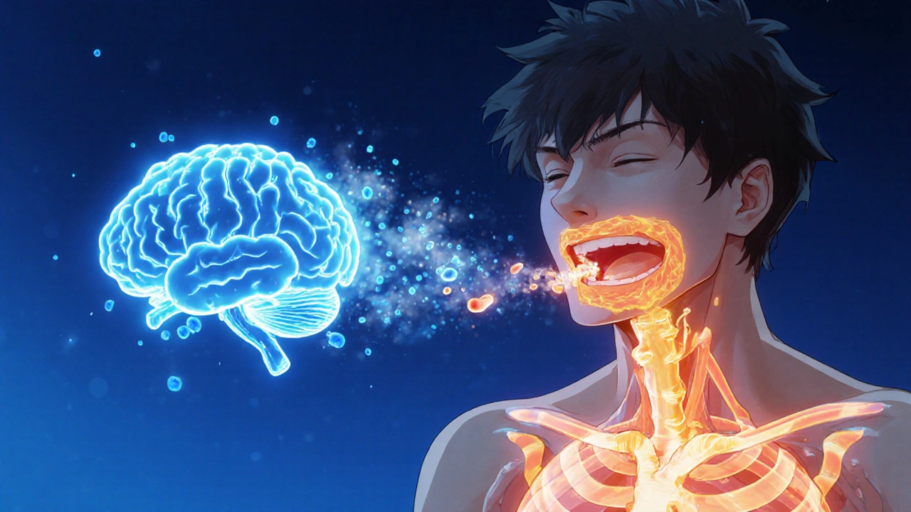 An animated view of a person’s throat and brain showing Geriforte’s ingredients suppressing cough and thinning mucus.