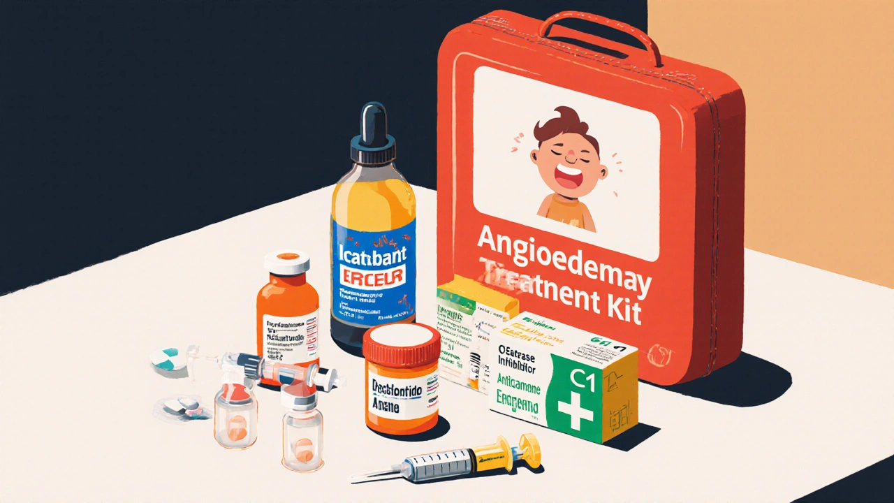 Cartoon kit with icatibant, ecallantide, C1‑inhibitor, antihistamine and epinephrine items.