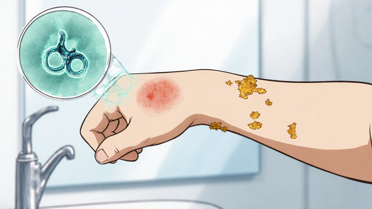 Close-up of child’s forearm with impetigo crusts, showing mupirocin molecule targeting a bacterial cell.