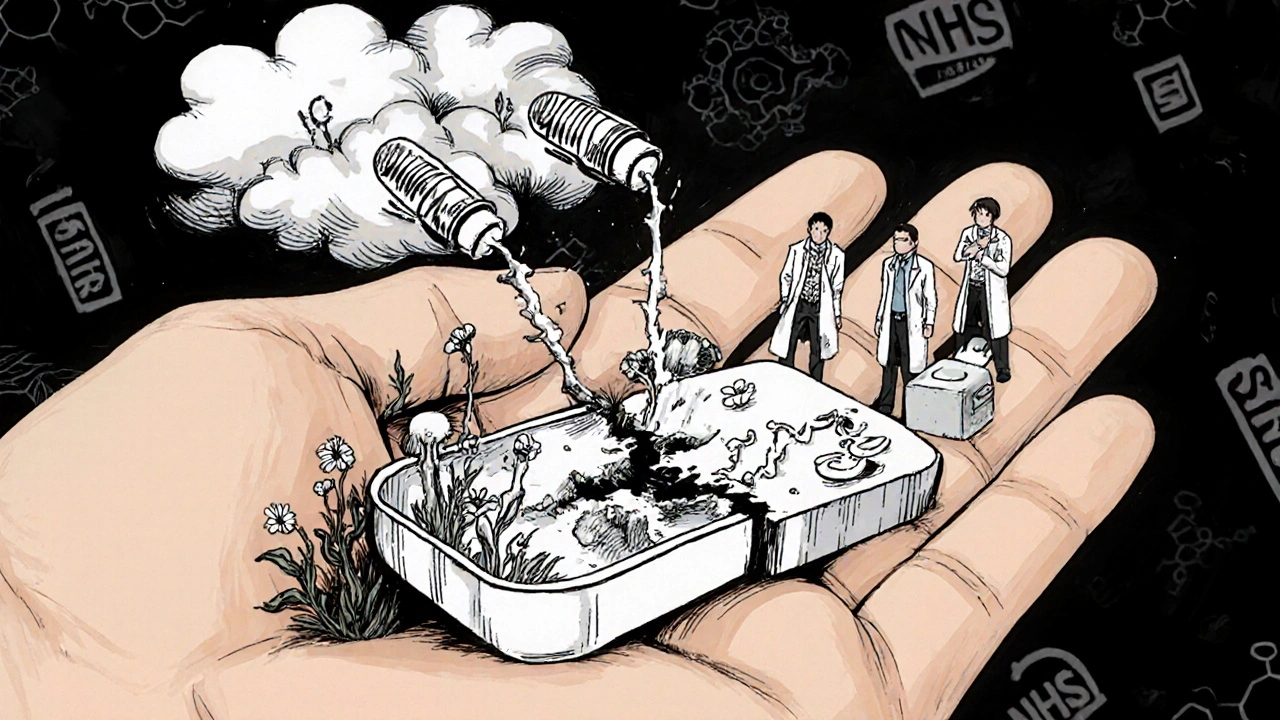 Close-up of cracking Prednisone tablet revealing internal damage, with tiny doctors deploying healing biologics and vines.