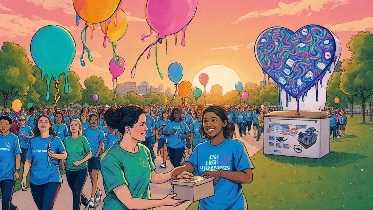 Community walkathon shows volunteers, balloons, and donation box for cystic fibrosis fundraising.