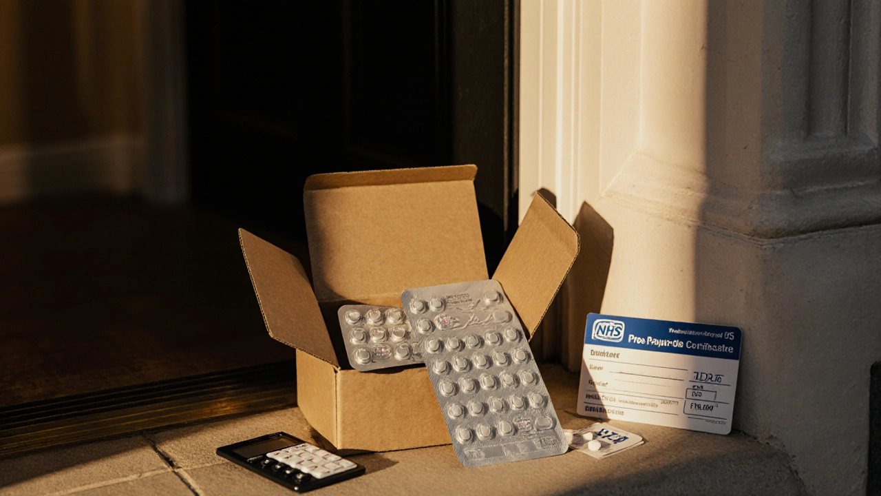Delivery box on a doorstep opened to reveal a sealed blister pack of pills with a discount tag and NHS card.