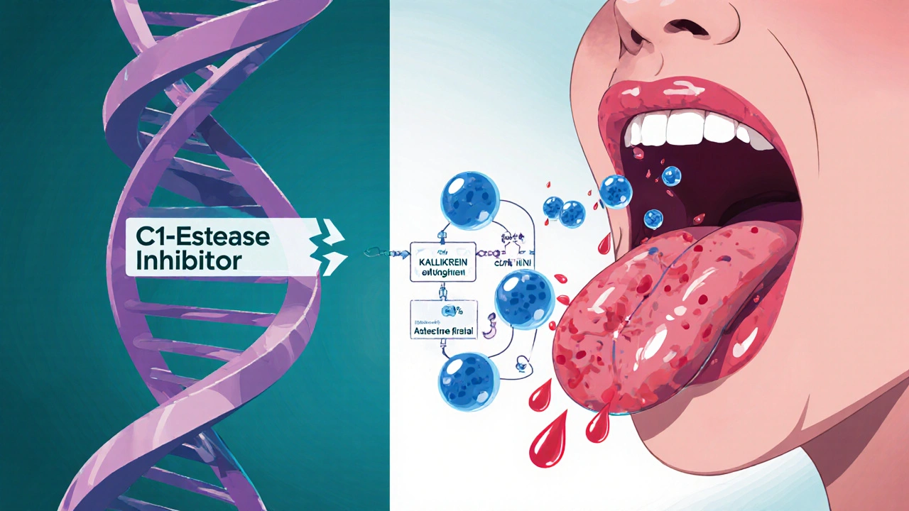 DNA helix with C1‑esterase gene beside swollen tongue illustrating bradykinin excess.
