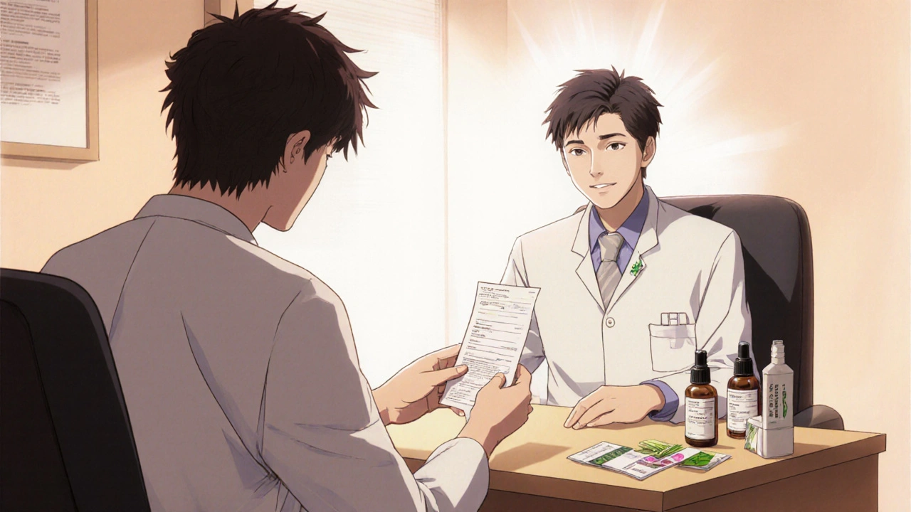 Doctor handing a prescription to a relaxed patient, with treatment options displayed on a nearby table.