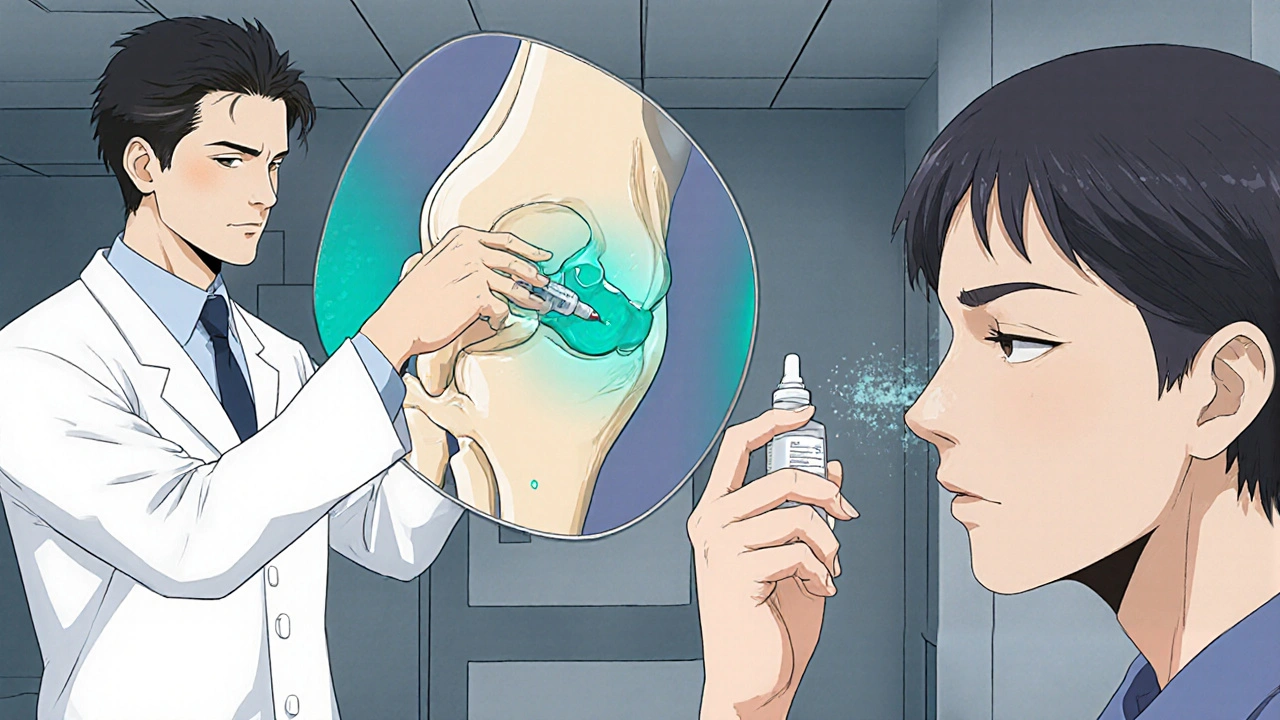 Doctor injecting calcitonin into a knee joint beside a patient using nasal spray.