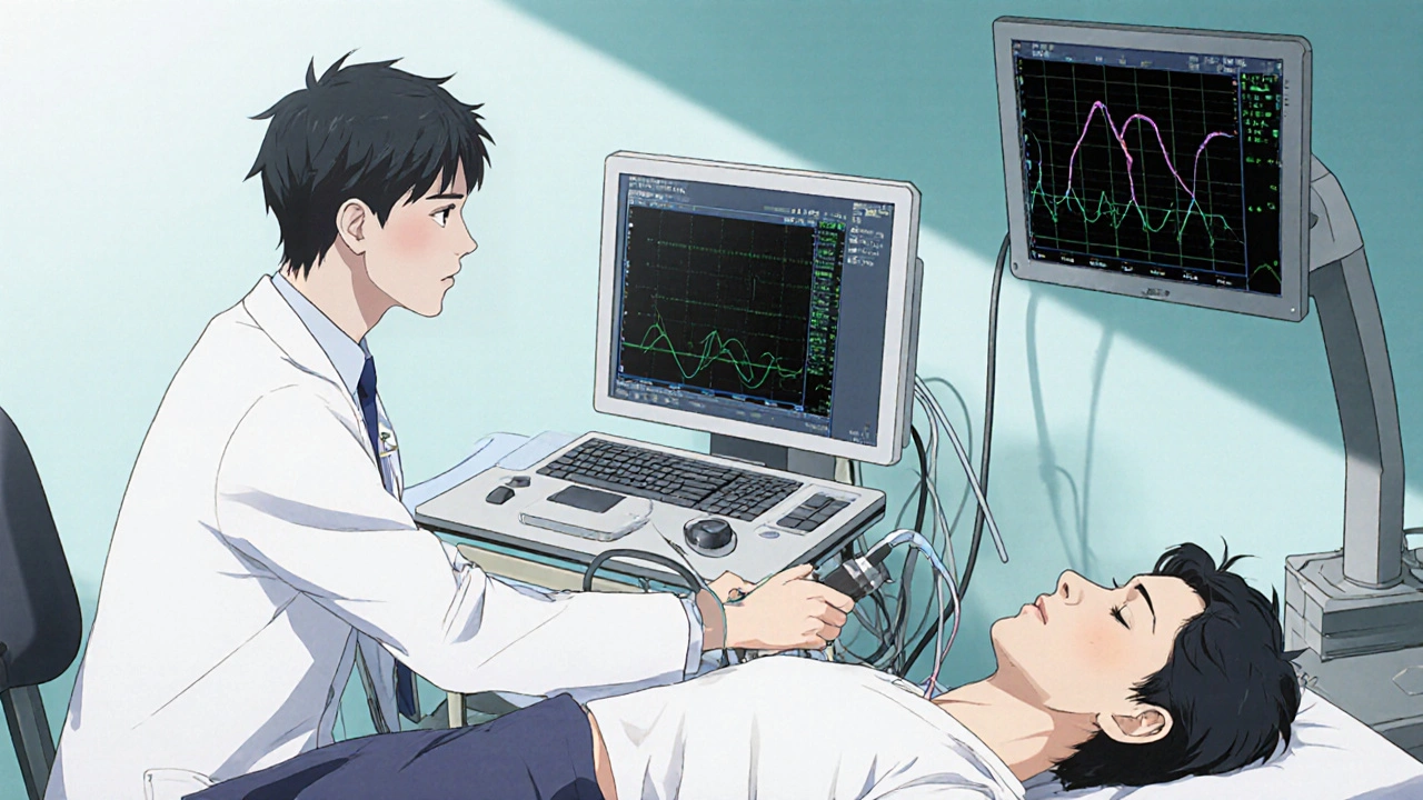 Doctor performing urodynamic test on patient with equipment and monitors.