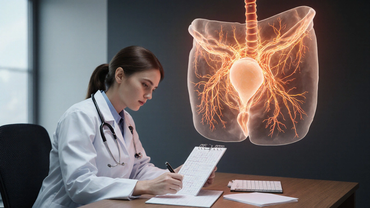Doctor reviewing bladder diary beside a translucent bladder and nerve model showing inflammation.