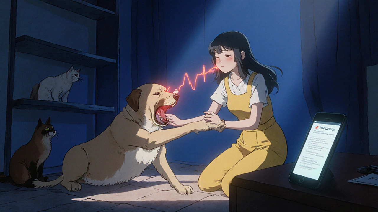 Dog barks and paws while owner uses medication; cat meows nearby in alert.