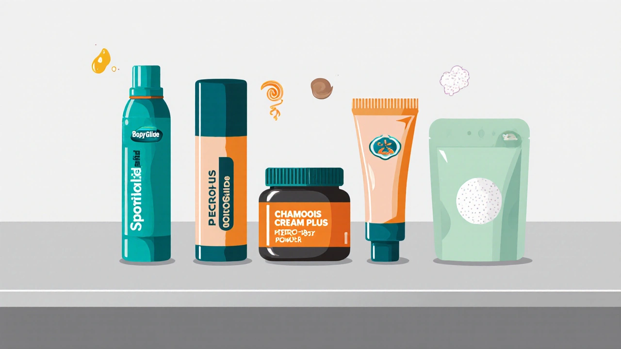 Five anti‑chafing products shown as cartoon items with ingredient icons in a technical style.