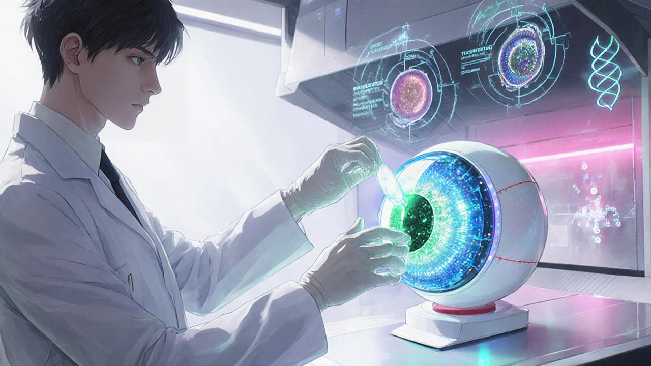 Futuristic lab scene showing nanoparticle eye gel and a scientist preparing a telmisartan ocular formulation.