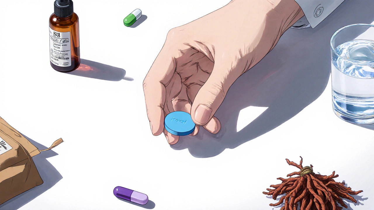 Hand holding a blue Poxet tablet surrounded by a spray bottle, sertraline capsule, paroxetine pill, and ginseng roots.