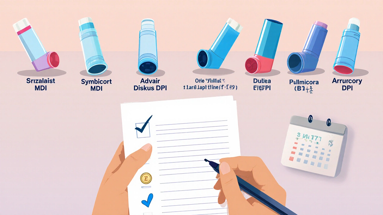 Hand holding a checklist next to several inhalers with icons for dose, cost, and technique.