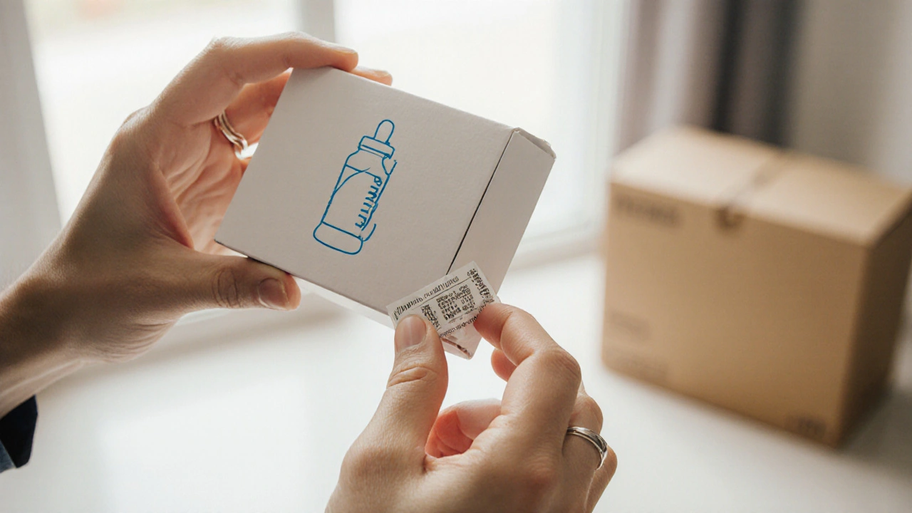 Hands inspecting the tamper‑evident seal on a medication box after delivery.