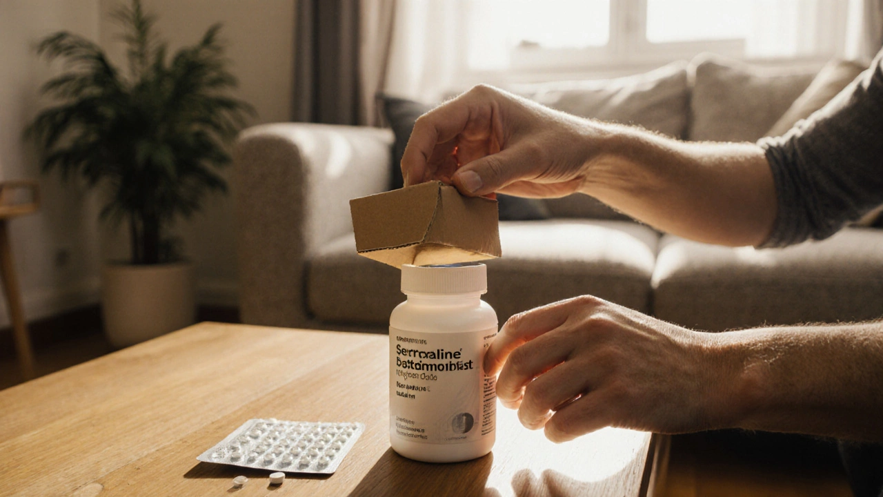 Hands opening a parcel to reveal a bottle of generic sertraline tablets on a coffee table.