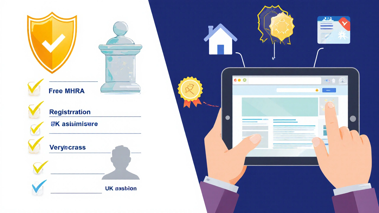 Illustrated checklist icons beside a person reviewing an online pharmacy on a tablet.