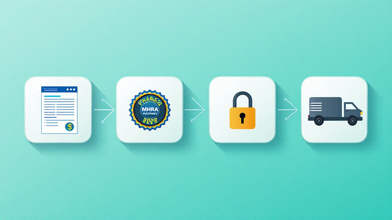 Illustrated checklist icons for prescription, MHRA badge, secure payment, and delivery.