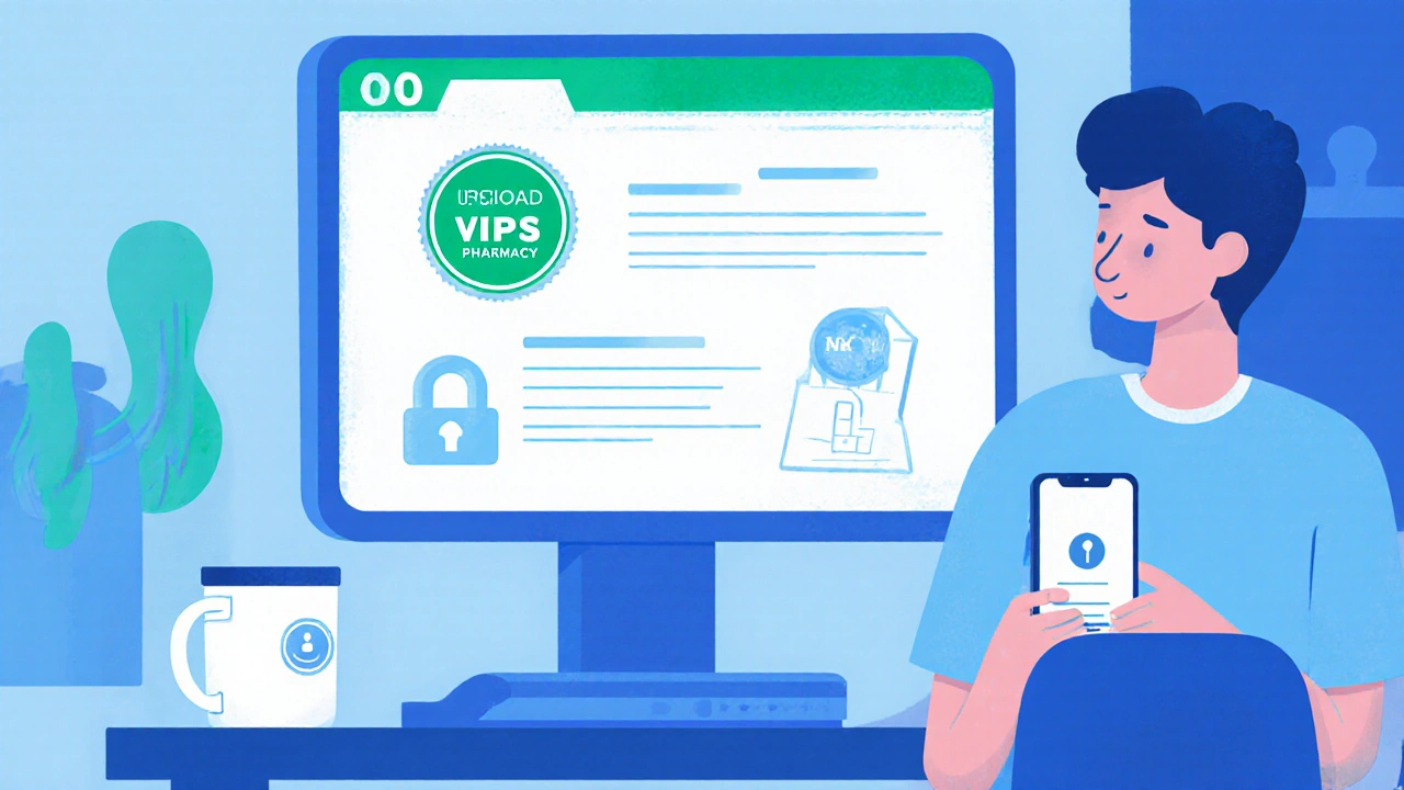 Illustration of a laptop showing a verified pharmacy site with security icons.