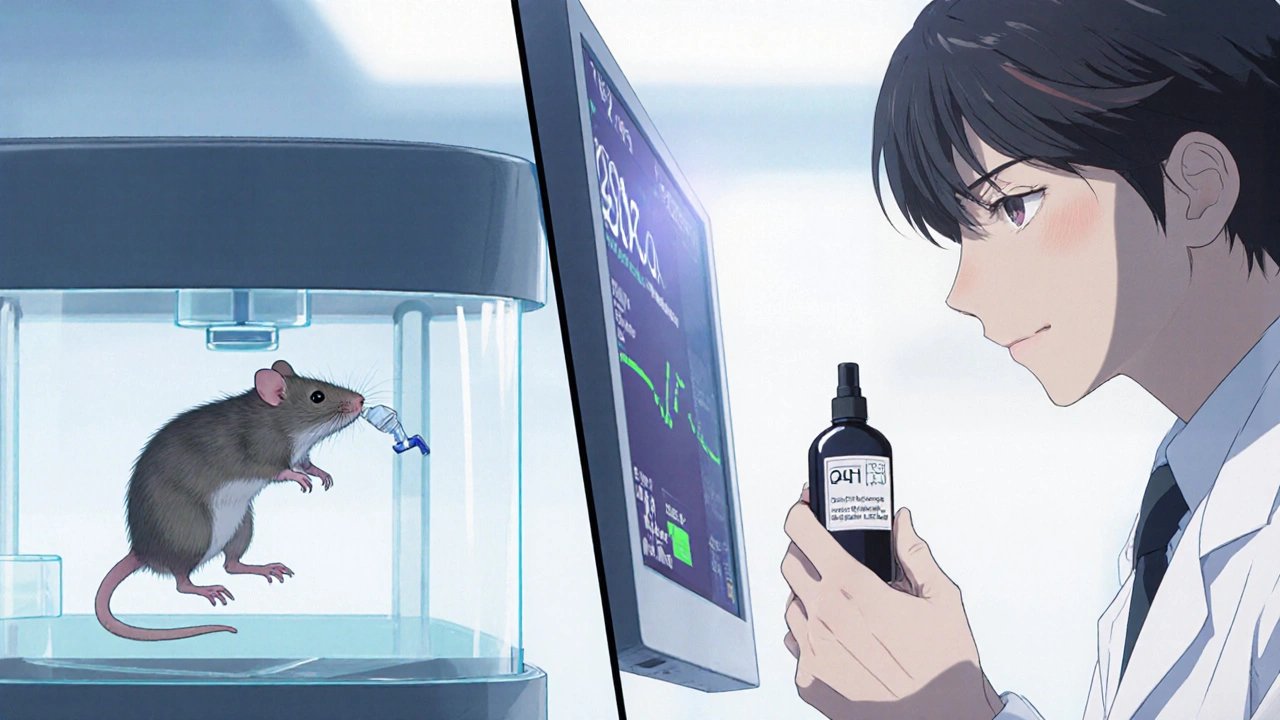 Lab scene showing mouse and researcher using nasal spray, with data display.