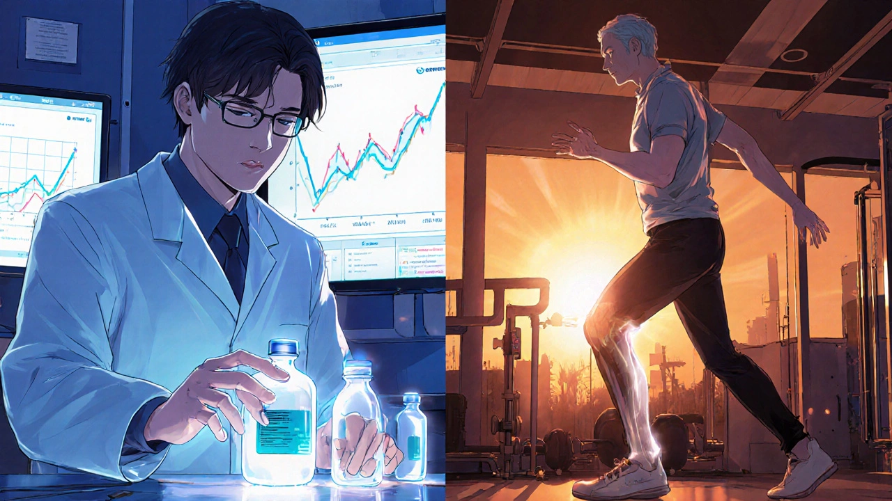 Lab scientists handling calcitonin analogues while a patient does knee therapy.