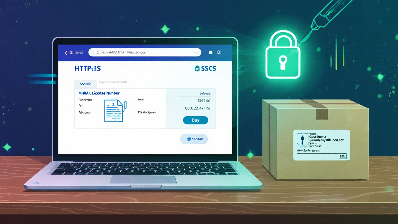 Laptop screen showing MHRA licence number and secure checkout, beside a UK delivery box.