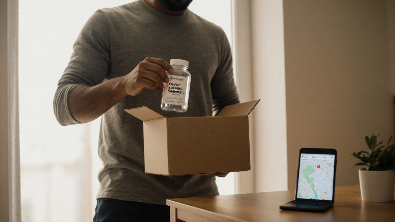 Man opening a delivery box to reveal a bottle of generic sildenafil tablets.