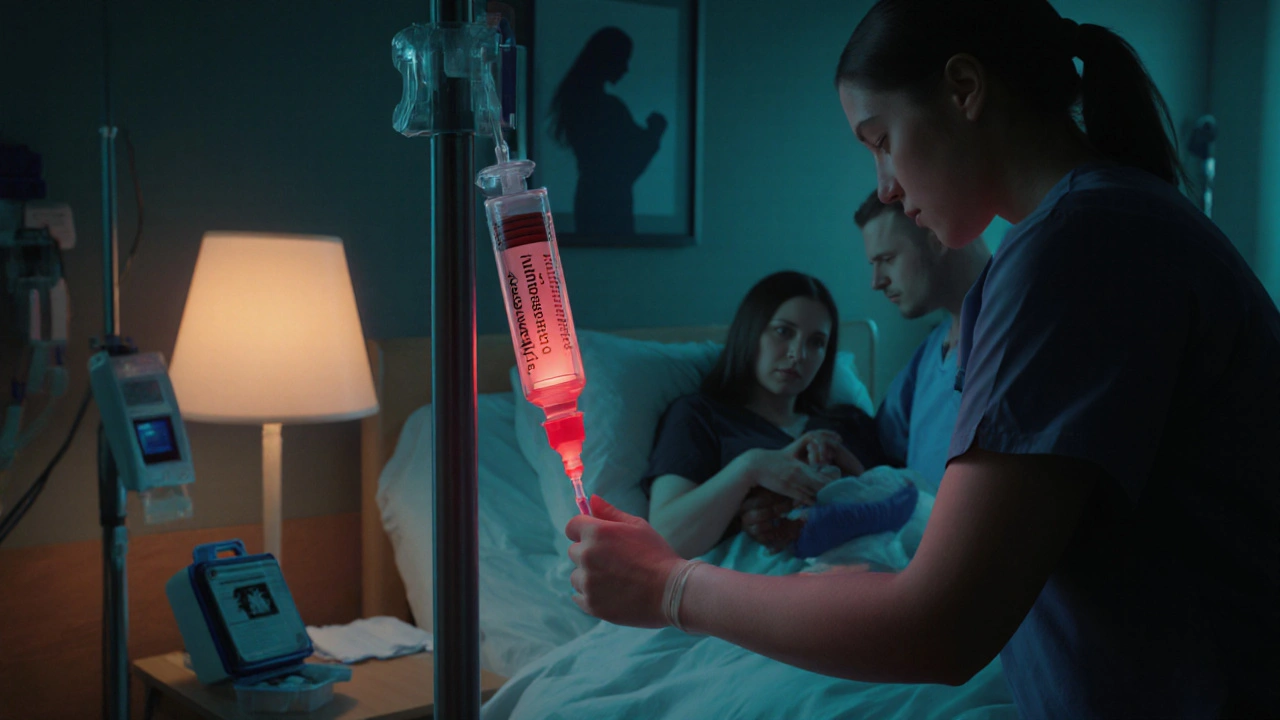 Mother receiving stress‑dose steroids during labor, with partner beside her and newborn nearby.