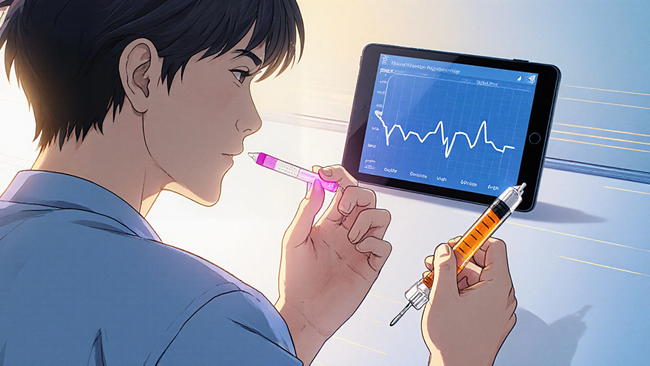 Nurse checks finger‑stick glucose, insulin pen ready, and a glowing device suggests monitoring app.