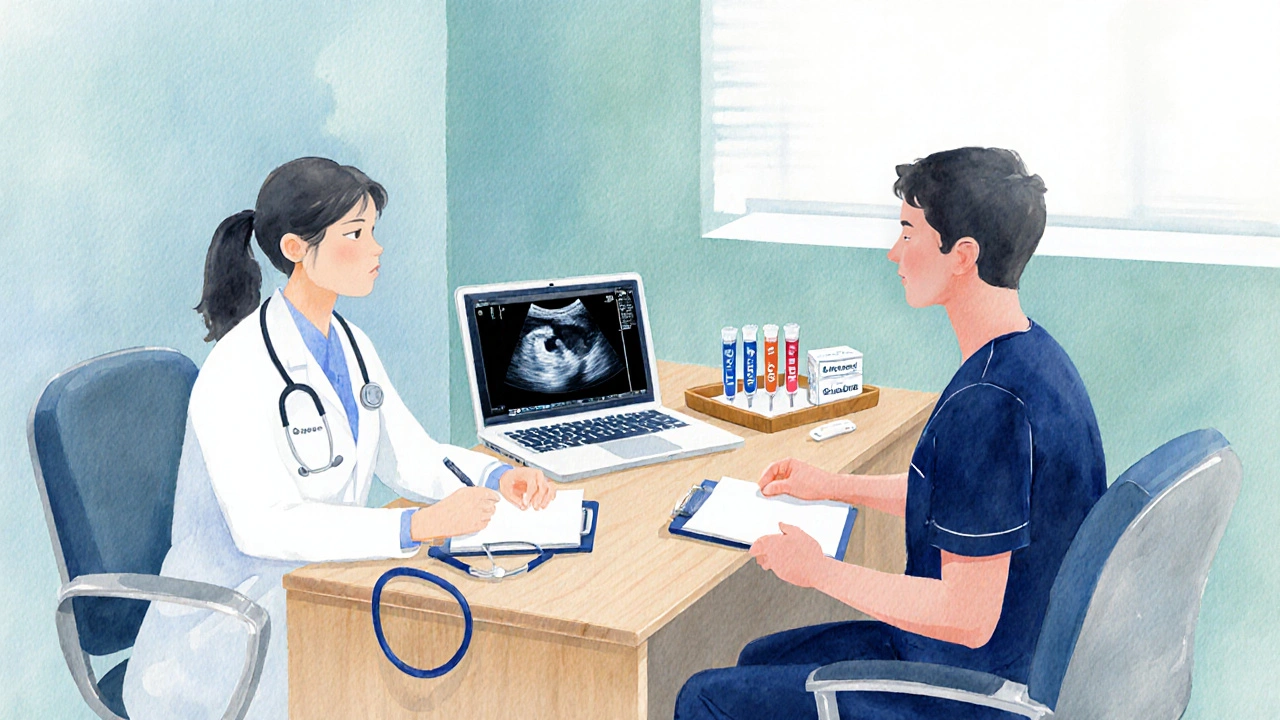 Obstetrician and endocrinologist reviewing charts and lab tubes in a bright office.