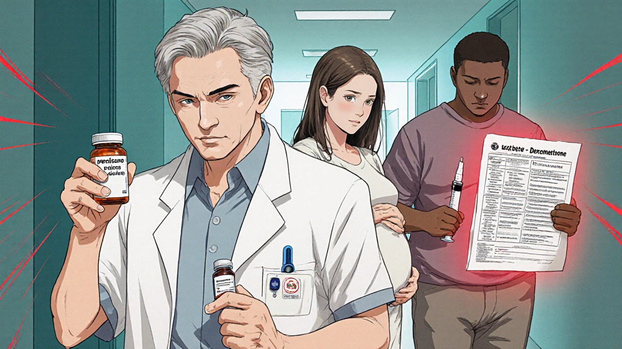 Older man, pregnant woman, and overweight patient each hold steroid medication, highlighting risk factors.