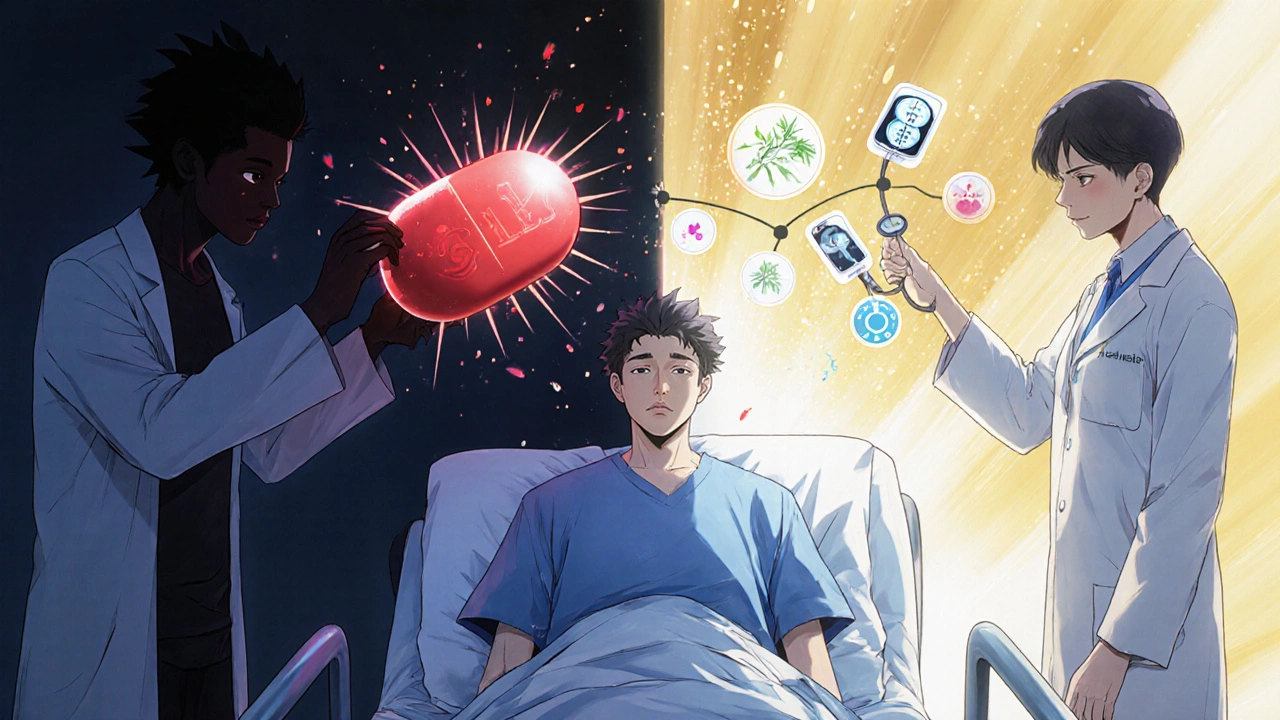 Patient on hospital bed with timeline showing Prednisone on left and safer alternatives on right, glowing medical monitors floating.