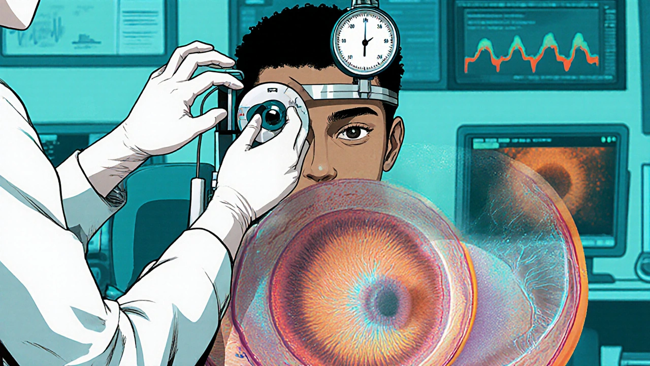 Patient undergoing IOP measurement after taking telmisartan, with visualized pressure drop and protected retinal cells.