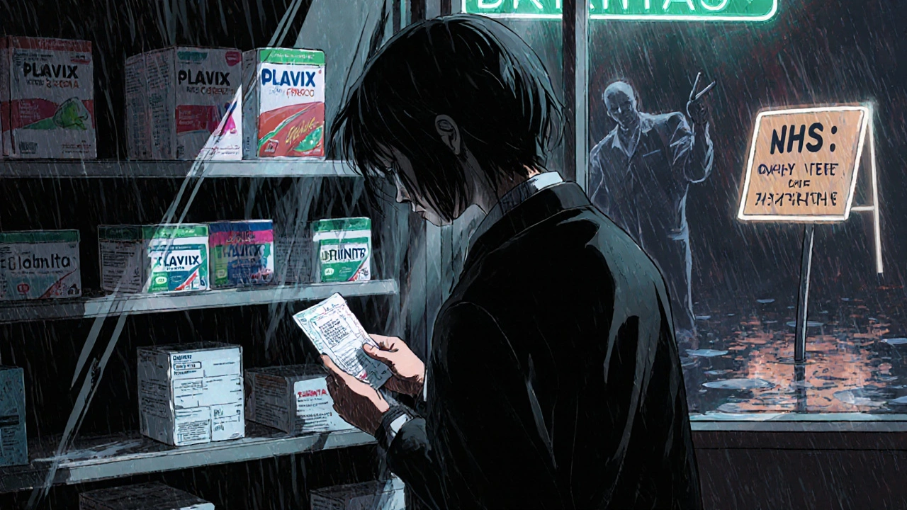Person choosing generic aspirin over expensive alternatives in a rainy pharmacy.