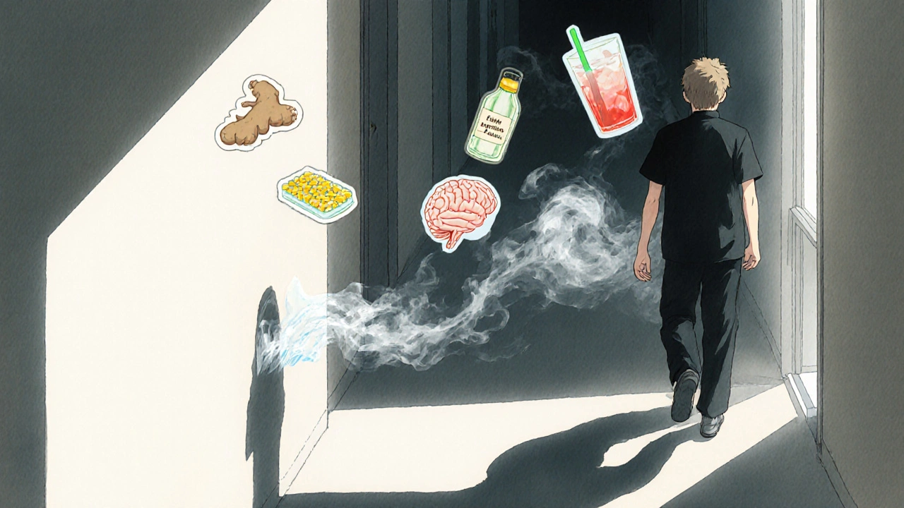 Person walking calmly after a meal, nausea fading behind them as symbols of relief float above.