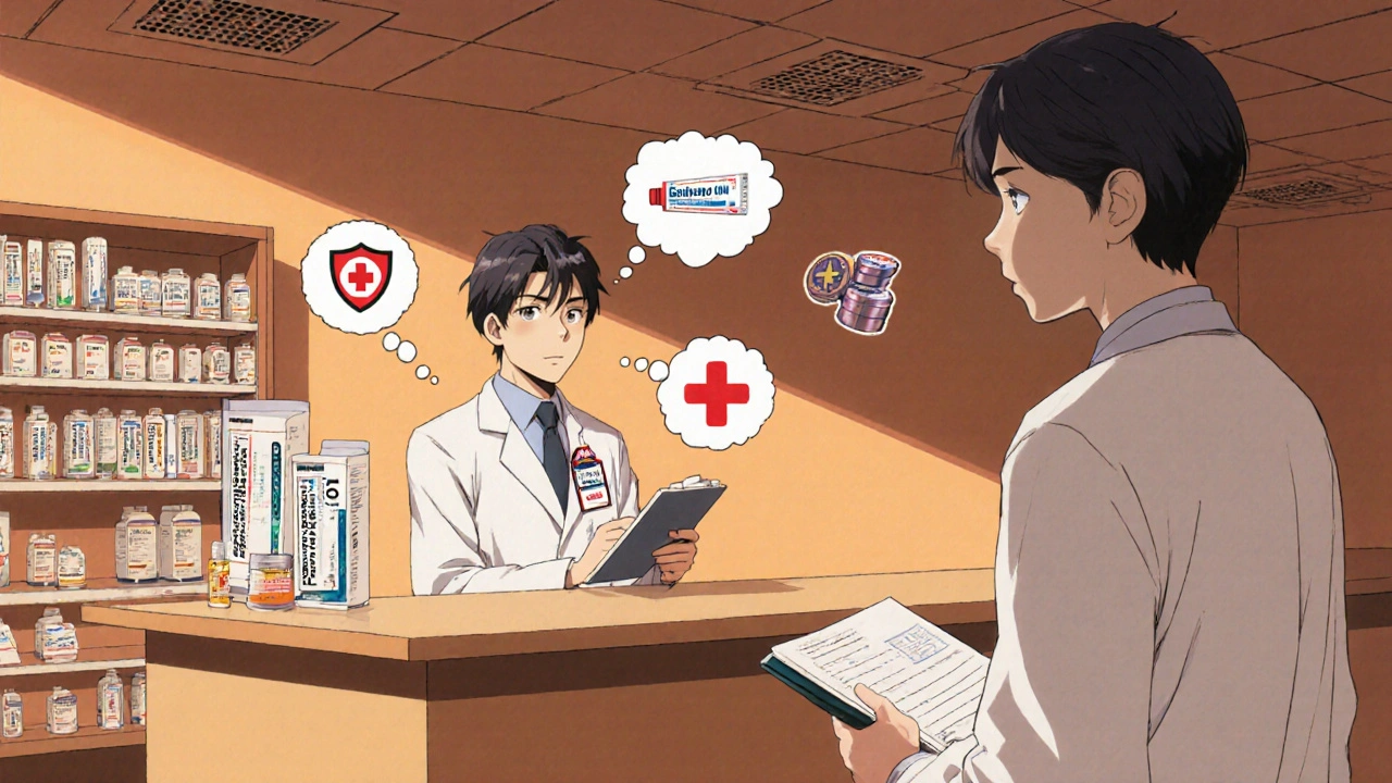 Pharmacist behind counter with medication tubes and a patient contemplating treatment options.