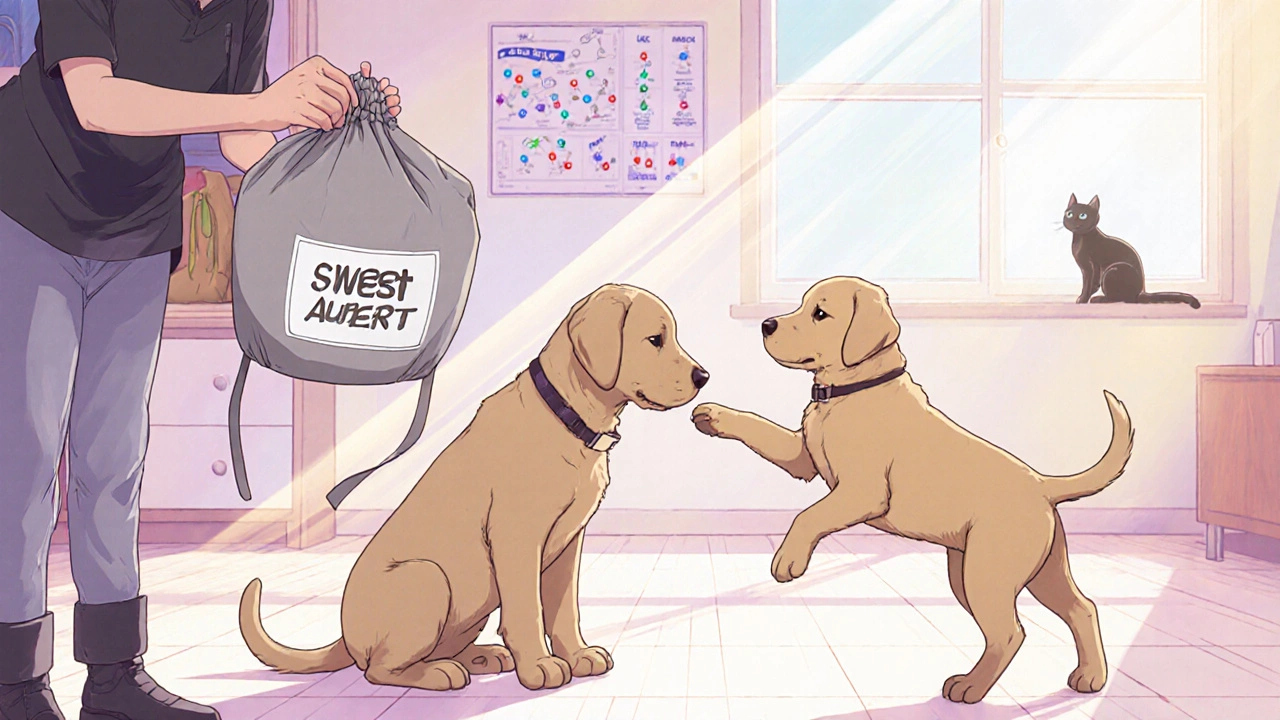 Puppy sniffs a scent sample and alerts by lifting its paw during training.