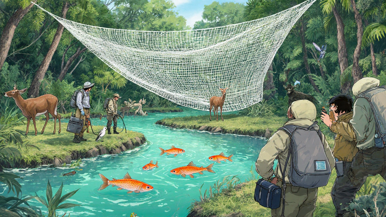 Researchers monitor wildlife near a restored wetland with fish and treated netting.