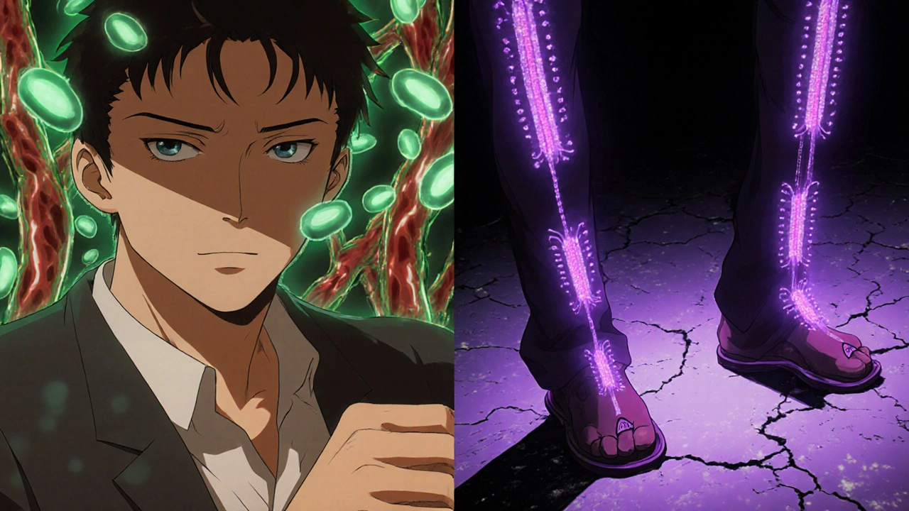 Split scene: smooth platelets vs. receptor-targeting blood cells with risk shadows.