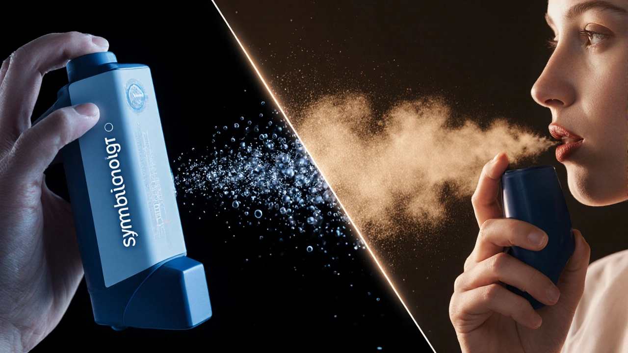 Split view showing mist from an MDI inhaler and powder cloud from a DPI inhaler.