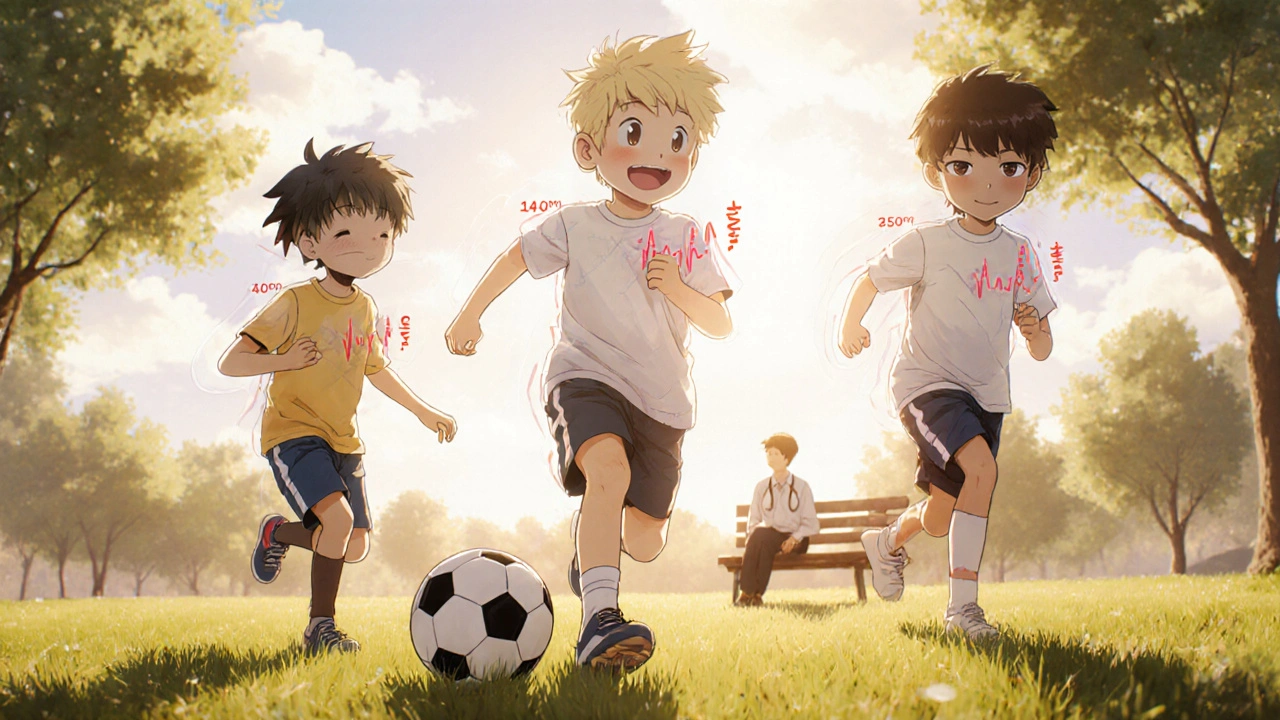 Three children playing soccer with falling heart rate lines above them