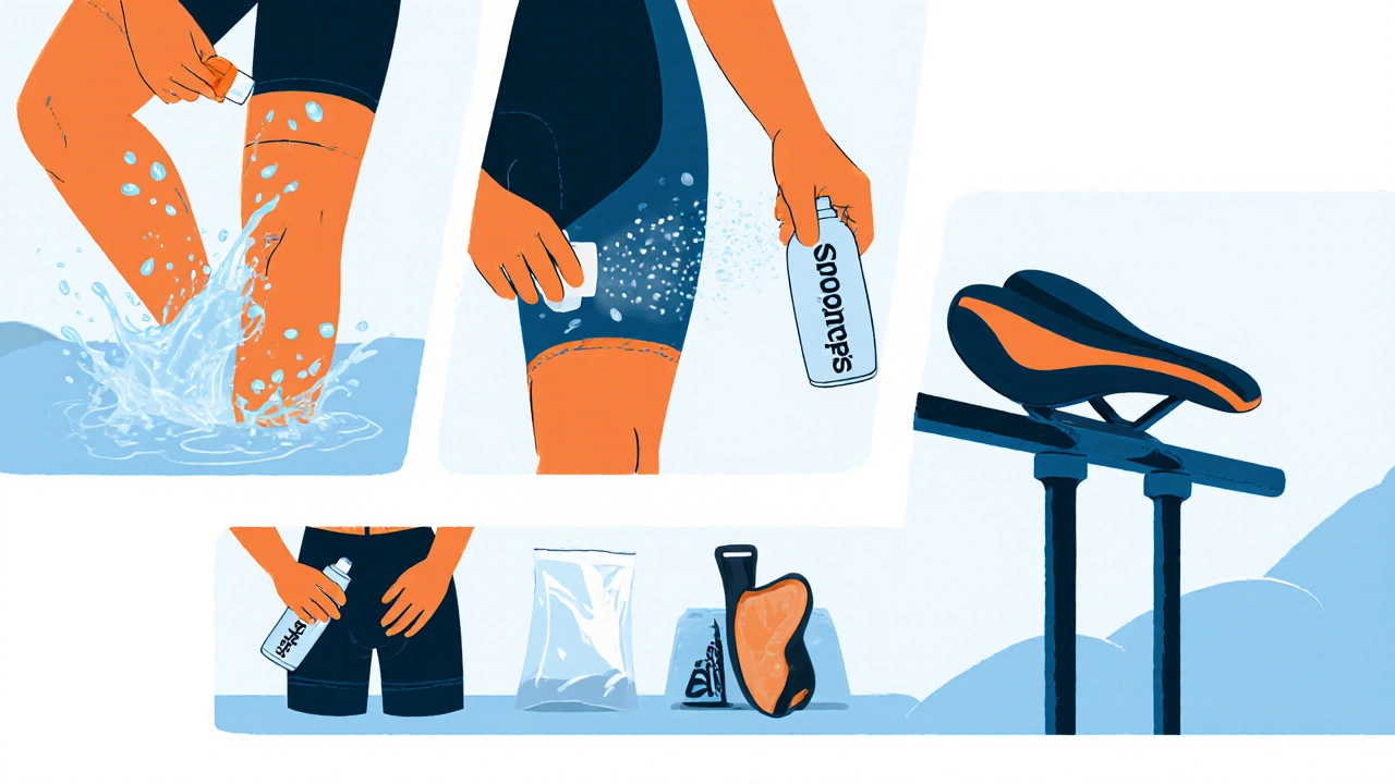 Three‑panel cartoon showing cleaning, applying balm and spray, and a gear kit for a mixed‑weather ride.