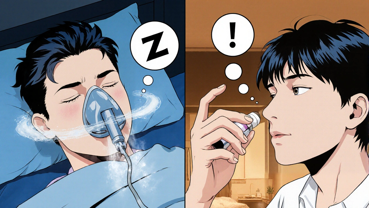 Two patients using nebulizer and nasal spray, visualizing fewer breathing pauses.