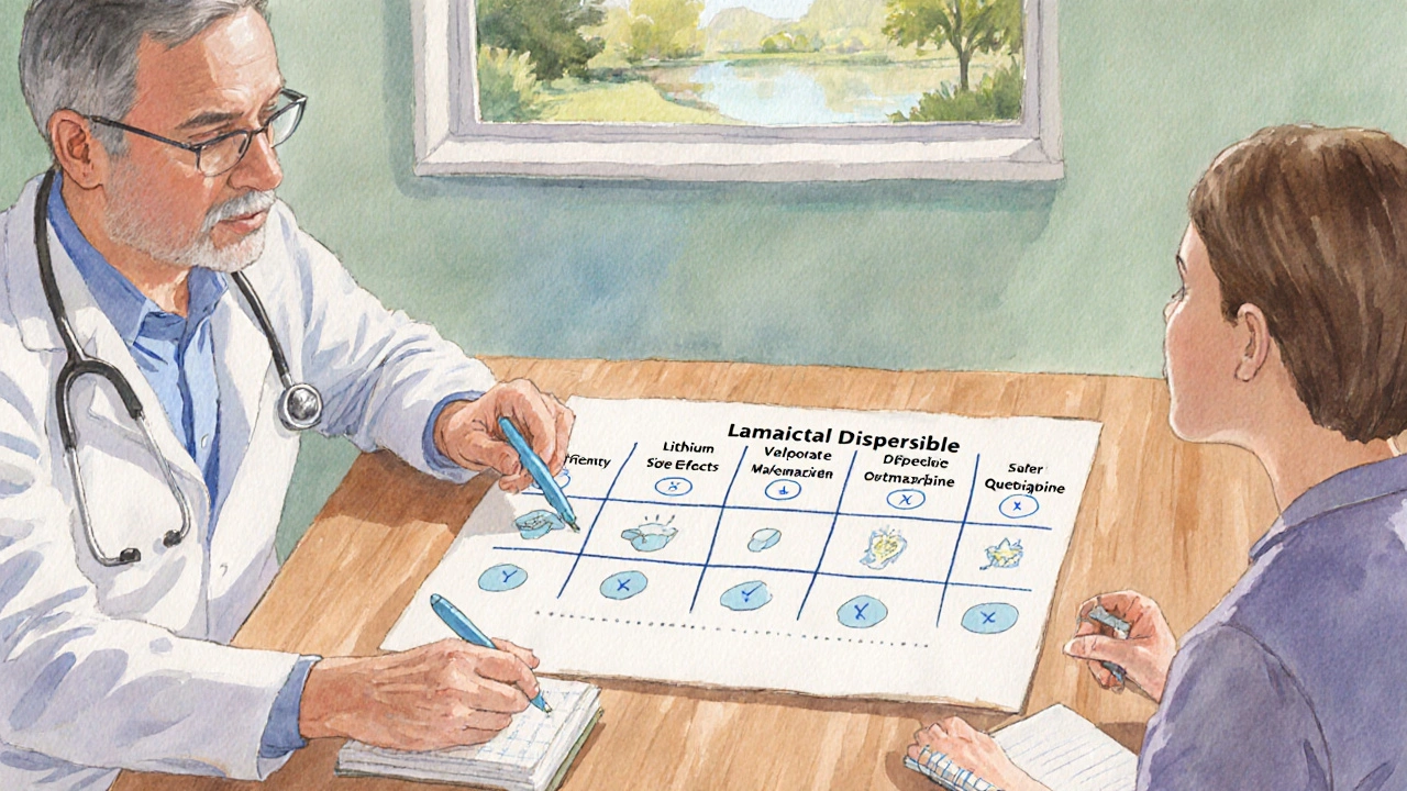 Watercolor scene of doctor and patient reviewing a hand‑drawn medication comparison matrix.
