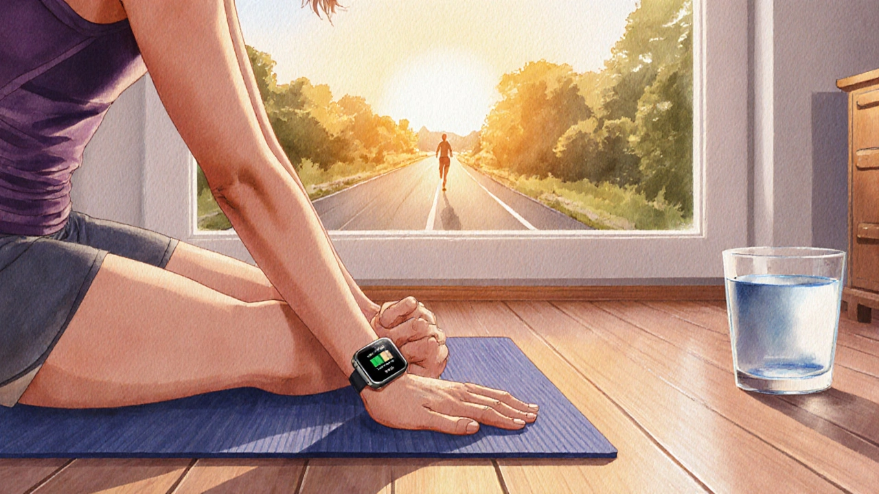 Woman doing Kegel exercises at home, with stable glucose reading and sunrise outside.