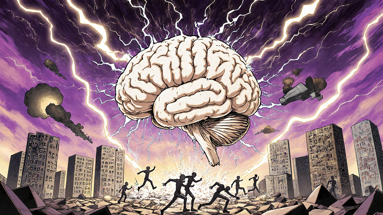 A brain as a crumbling city under dopamine storms, with steroid molecules falling like bombs.