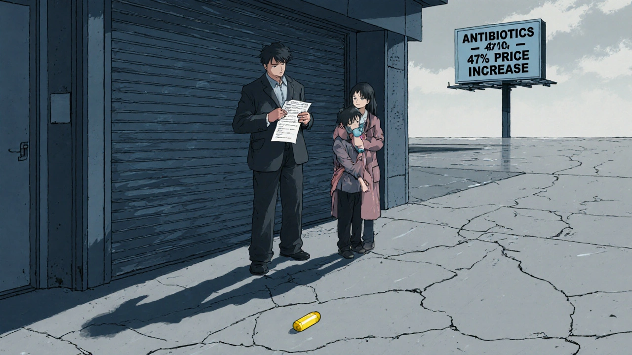 A family outside a closed pharmacy, holding a prescription as their child uses a dry nebulizer.