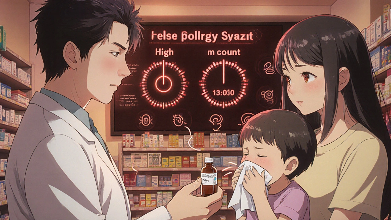 A mother receives levocetirizine syrup for her toddler at a UK pharmacy with pollen count displayed.