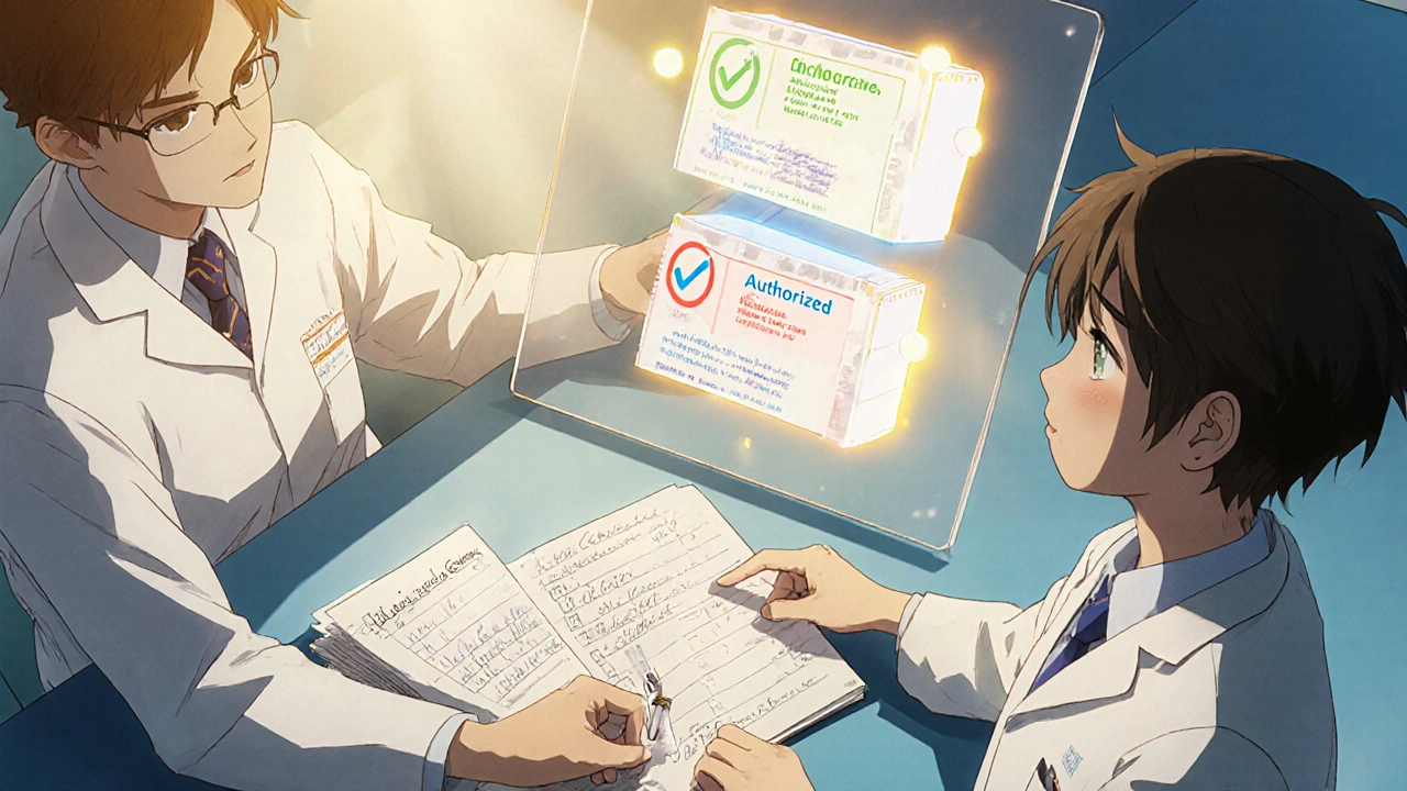 A pharmacist and patient examining an authorized generic pill with a symptom journal and split-screen comparison.