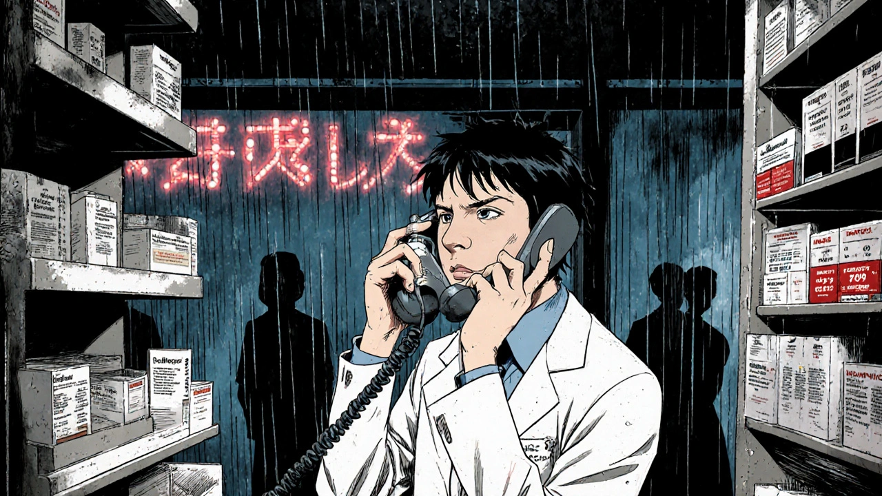 A pharmacist in a dark pharmacy surrounded by empty drug shelves, holding the last vial of heparin.